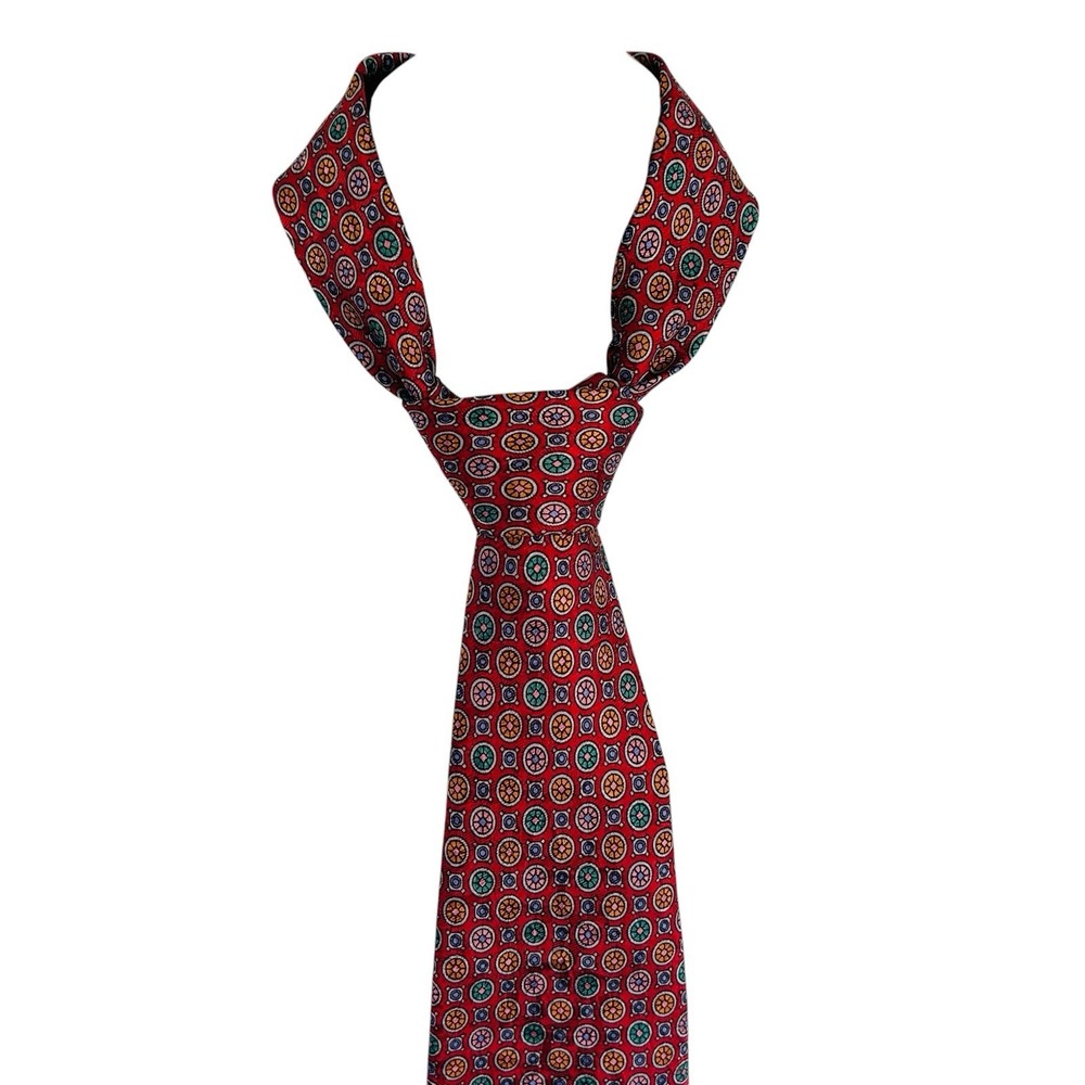 Enzo Bertazzio Vintage Silk Tie Italy Red Geometric Medallion 3.5in x 57in